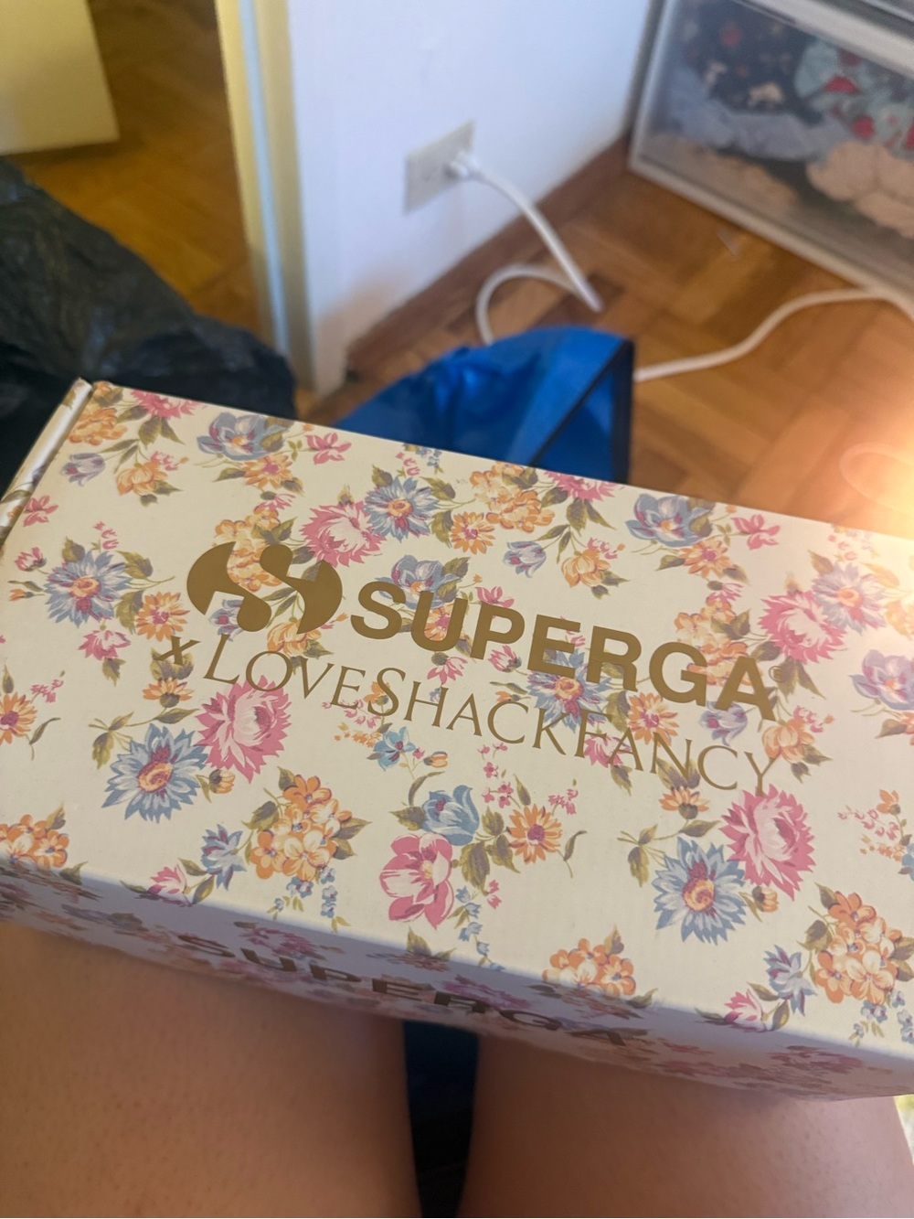 LoveShackFancy Floral Gift Box in White with Pink & Blue Flowers